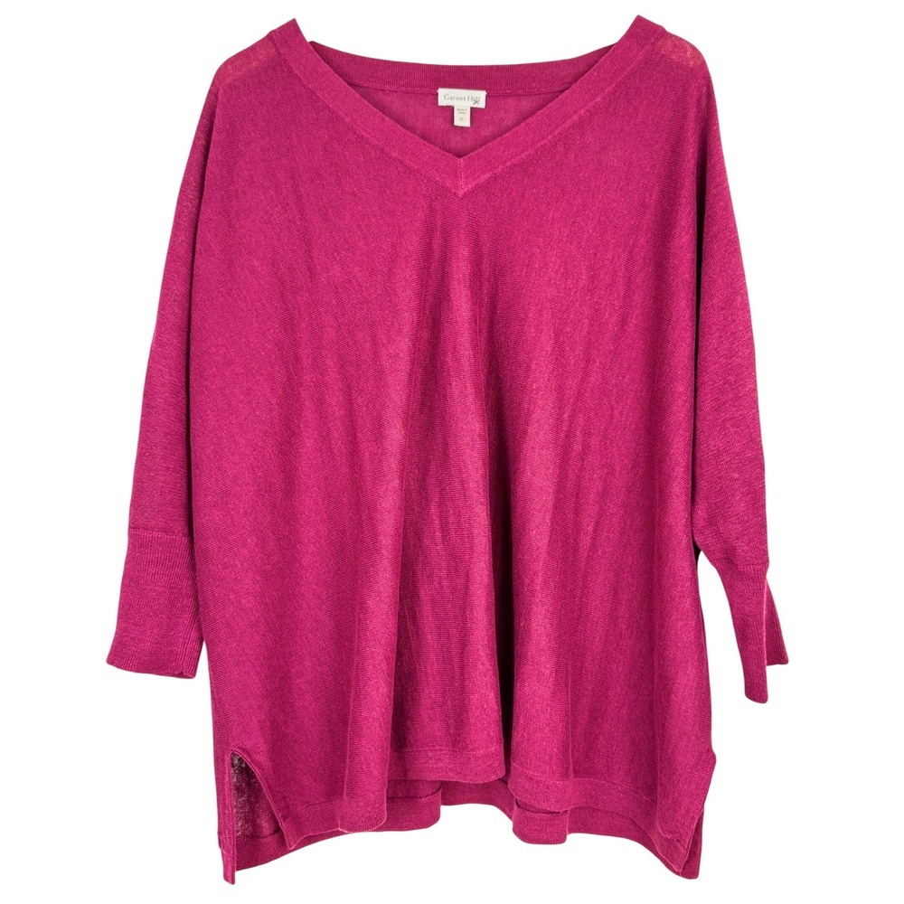 Garnet Hill Women's XL Raspberry Linen V-Neck Tunic 3/4 Sleeve Top‎ Boxy